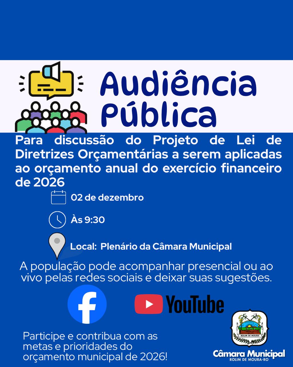 Câmara Municipal convida a população para participar da Audiência Pública para LDO